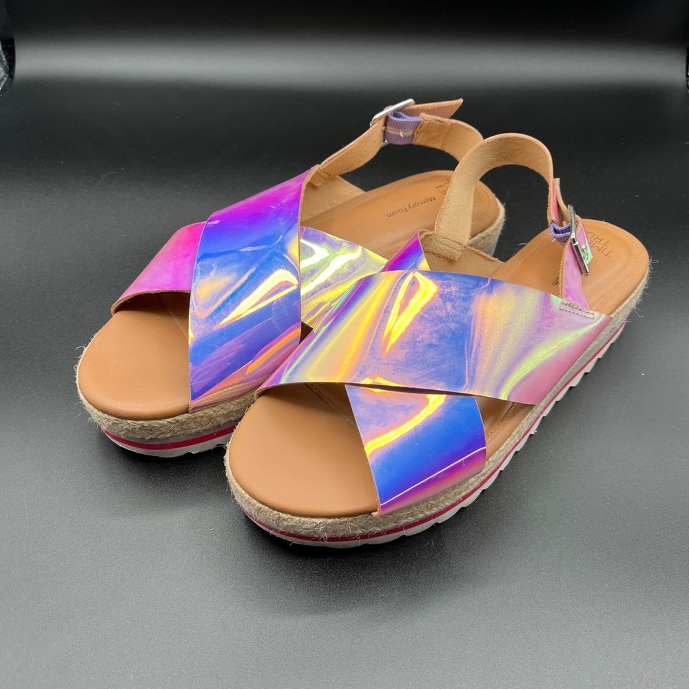 Time And Tru Womens 9 Espadrille Purple Iridescent Holographic Platform Sandals